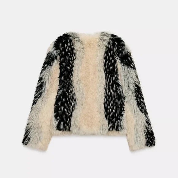 Zara Black and Cream Teddy Faux Fur Jacket - Picture 3 of 6